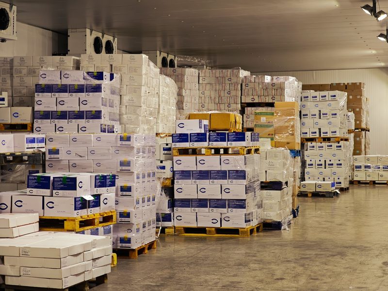 Pallets envueltos con cajas, listos para despacho en una cámara de Frigorent.